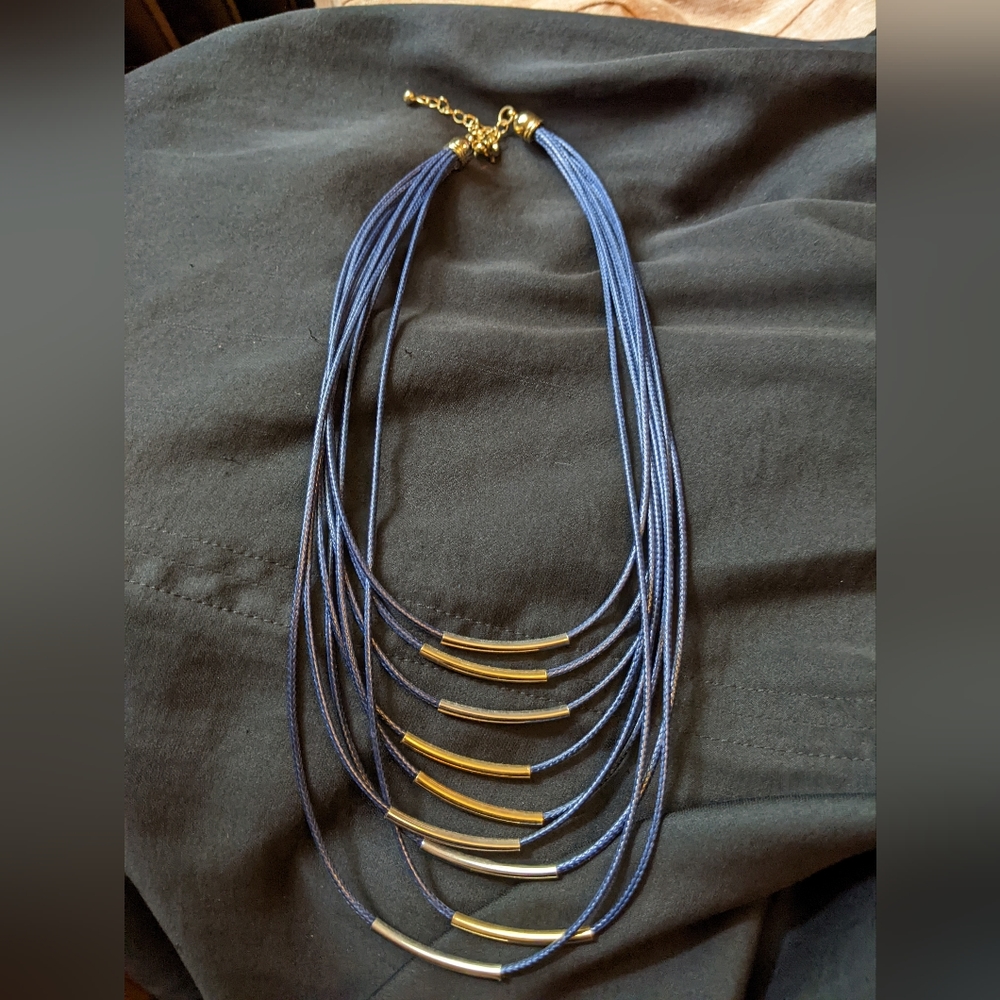 Navy and gold multi strand leather necklace
